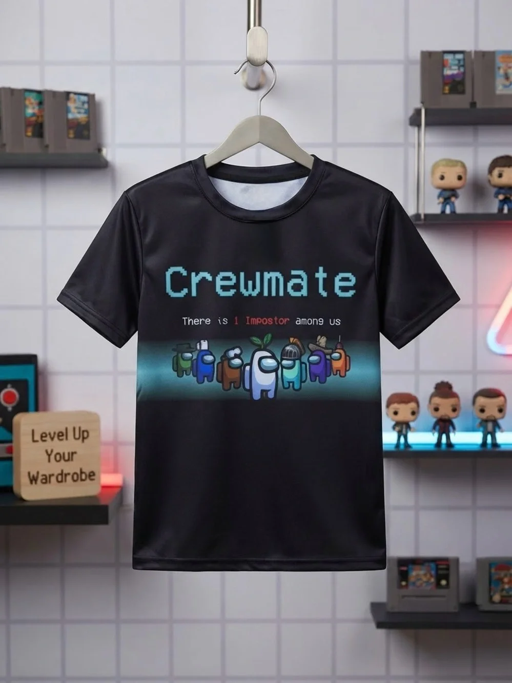 Among Us Crewmate Graphic T-Shirt Black Short Sleeve Kids Size Small S Gamer Top